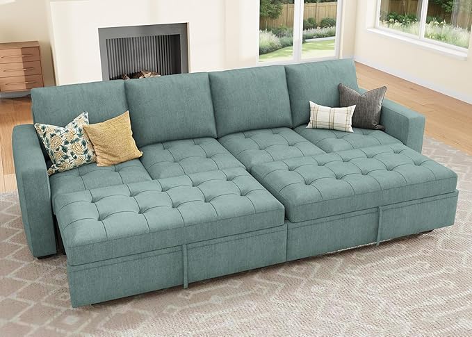 HONBAY Modular Sectional Sleeper Sofa with Pull Out Couch Bed, Convertible Sectional Couches for Living Room,Blue