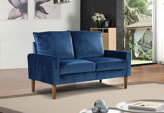 Container Furniture Direct Petit Mid Century Modern Velvet Loveseat for Small Spaces, Upholstered 2 Seater Couch for Living Room and Bedroom, Easy Assembly, Cobalt Blue