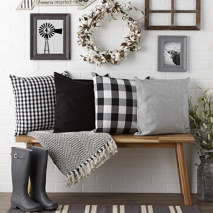 DII Decorative Square Throw Pillow Cover Collection Cotton, Machine Washable, Hidden Zipper, 18x18, Black Assorted, 4 Piece