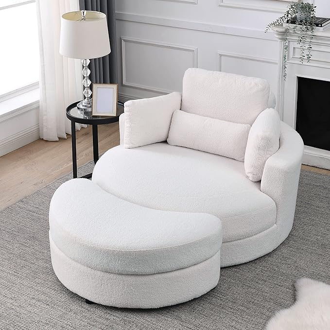 HomSof Swivel Accent Barrel Modern Sofa Lounge Club Big Round Chair with Storage Ottoman Linen Fabric for Living Room Hotel with Pillows，White