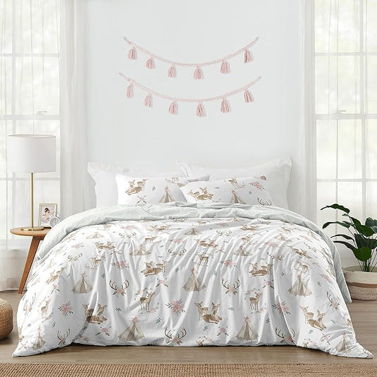 Sweet Jojo Designs Blush Pink, Mint Green and White Boho Watercolor Woodland Deer Floral Girl Full/Queen Kid Teen Bedding Comforter Set - 3 Pieces