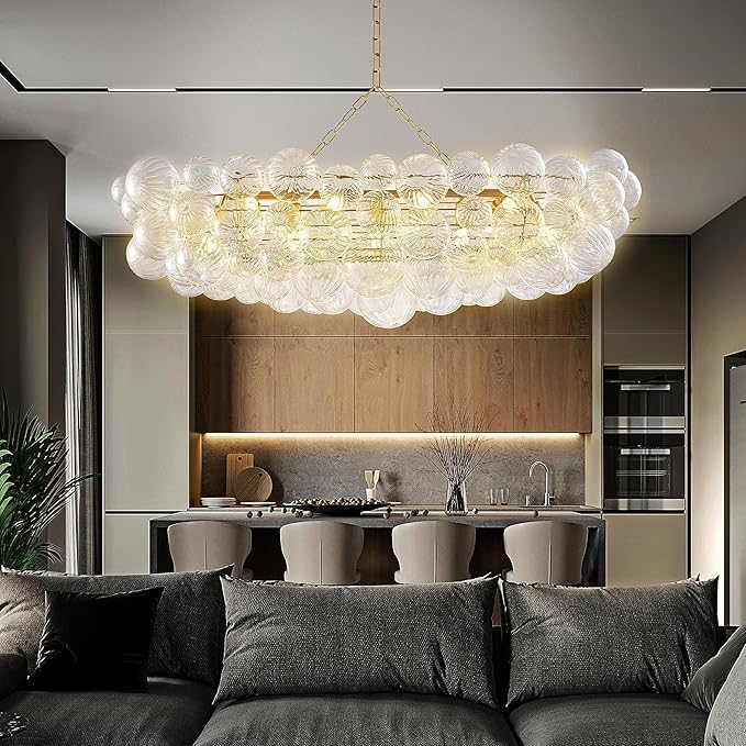 Longree Nordic Bubble Ball Swirled Glass Chandelier Long 50 inch Rectangular Island Light Fixture Gold and Clear Blown Glass Lighting for Dining Table, Living Room