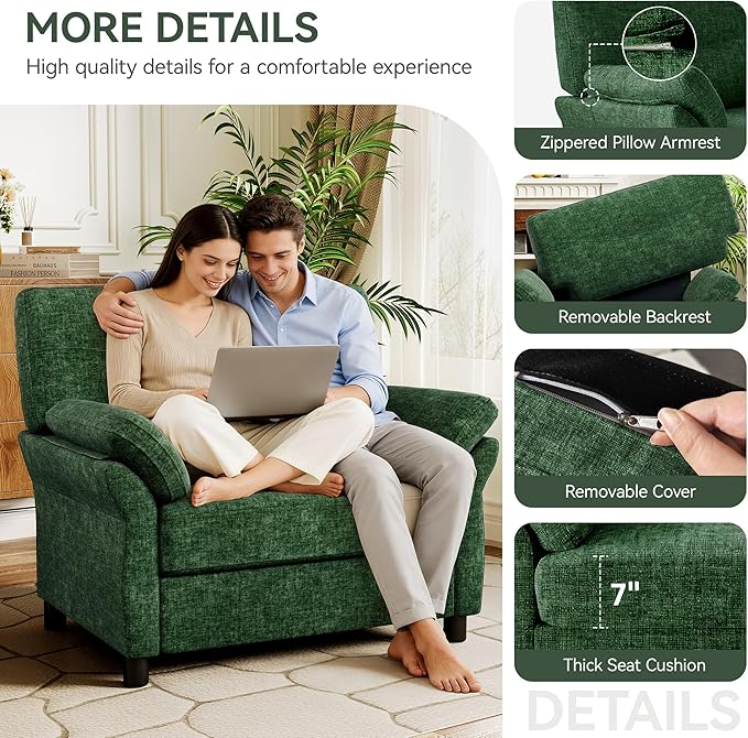 Oversized Accent Chair, 44.5 Inch Green Chenille Fabric Armchair, Comfy Single Sofa Chair with Padded Arms & Pocket Spring Cushion, Modern Reading Chair for Living Room, Bedroom