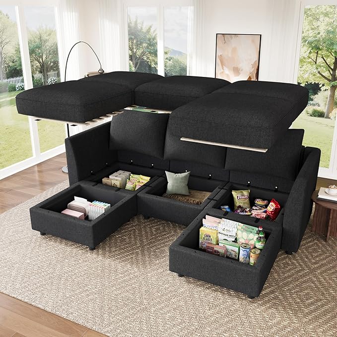 HONBAY Modular Sectional Sofa with Storage U Shaped Sectional Sofa, Convertible Couches for Living Room - Linen Grey