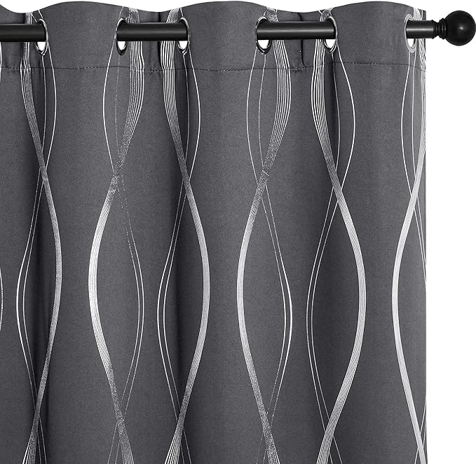 NICETOWN Blackout Curtains Panels for Bedroom, 2 Panels, 34 x 72 Inch, Gray, Microfiber Noise Reducing Thermal Insulated Wave Line Foil Print Design Blackout Curtains for Patio Sliding Glass Door
