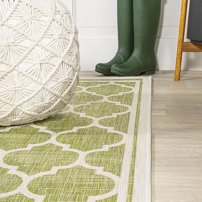 JONATHAN Y Moroccan Trellis Indoor Outdoor Square Area Rug 5X5 Green/Cream, Trebol Textured Weave for Backyard, Patio, Porch, Easy-Cleaning, High Traffic, Pet-Friendly, Non-Shedding (SMB109G-5SQ)