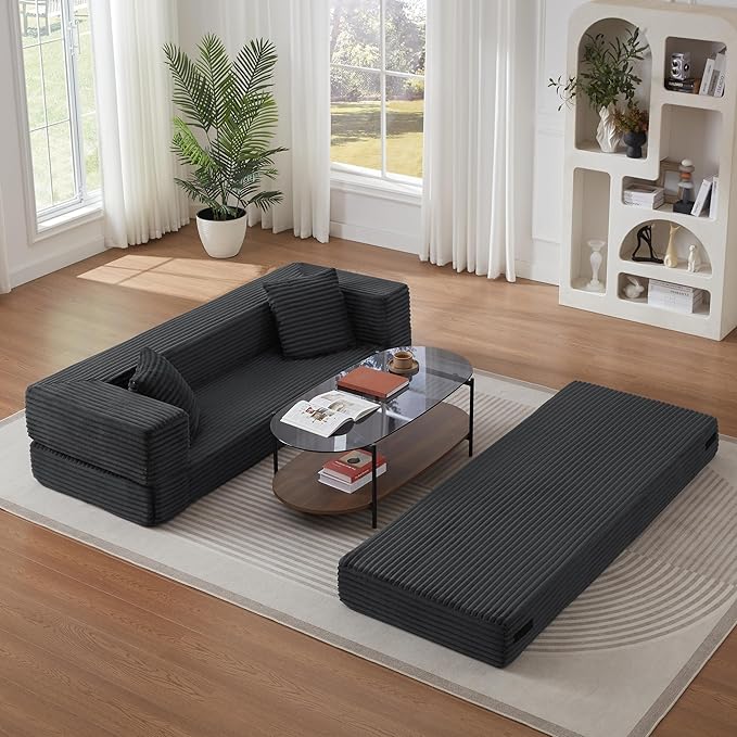 Ball & Cast Modern Upholstered Sofa with 2 Pillows,Boneless Corduroy Couch W/Deep Seat,Convertible Folding Sleeper Sofa Bed for Living Room,Bedroom,Apartment,No Assembly,Dark Gray,78"
