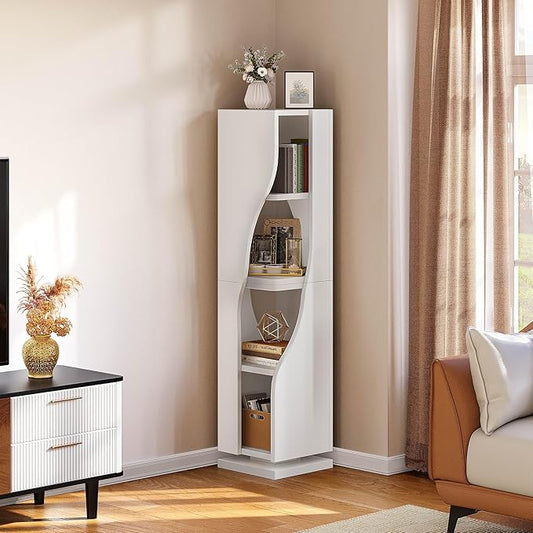 YITAHOME 4-Tier Corner Bookshelf, Irregular Shape Corner Shelf, Modern Narrow Shelf Organizer Storage for Bedroom, Living Room, Study Room,White
