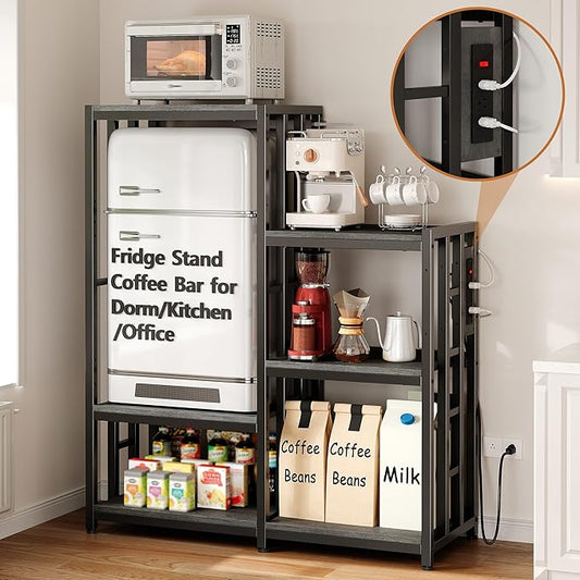 Mini Fridge Stand Coffee Bar Cabinet Station With Small Refrigerator Insert Storage Space, Shelf Organizer For Dorm Microwave To Sit On, Grey Baker Rack With Power Outlet, Big Table To Go Over Fridge