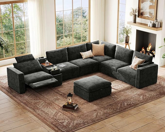 169.7" Oversized Modular Power Recliner Sofa with Headrest, Wall Hugger Cloud Reclining Couch, Drawer Charging Cup Holders, Deep 7-Seater Sectional with Corner and Storage Ottoman, Chenille, Black