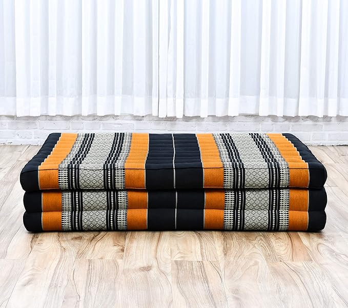 Leewadee Trifold Mattress XL – Comfortable Thai Massage Pad, Foldable Relaxation Floor Mattress Filled with Kapok, Perfect to Use as a Sleeping Mat 79 x 39 inches, Black Orange