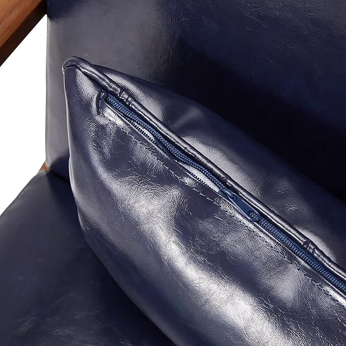 Glitzhome 30.75" H Mid Century Navy Blue Accent Armchair, Single Reading Armchair PU Leather Lounge Chair with Walnut Ruberwood Frame