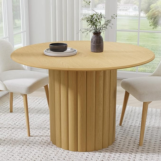 Casaphoria 46" Round Dining Table, Modern Wood Kitchen Table with Cylindrical Wide Bar Protruding Base for Living Room & Dining Room, Easy Assembly Farmhouse Furniture for 4-6, Oak
