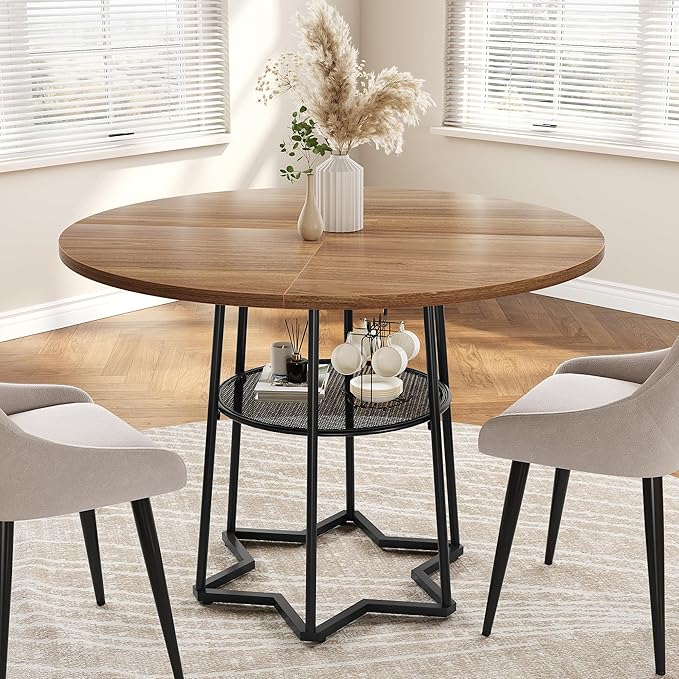 IDEALHOUSE Round Dining Table for 4, 38" Farmhouse Kitchen Table with 17.7" Storage, Small Circle Dinner Tables, Space Saving, Wood Kitchen & Dining Room Furniture for Dining Room, Apartmen, Brown