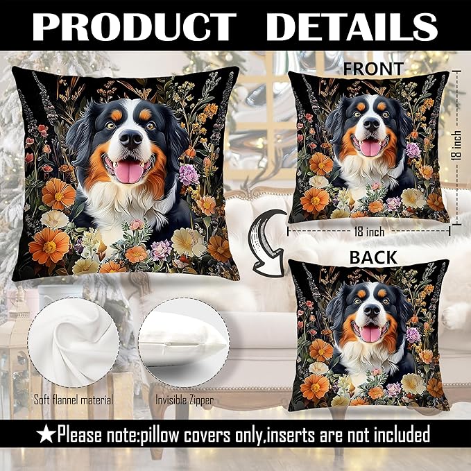 William Morris Inspired-Vintage Floral Bernese Mountain Dog Pillow Covers 18x18, Dog Lover Mom Gifts, Moody Dark Cottagecore Botanical Dogs Decorative Pillow Covers for Home Living Room Bedroom