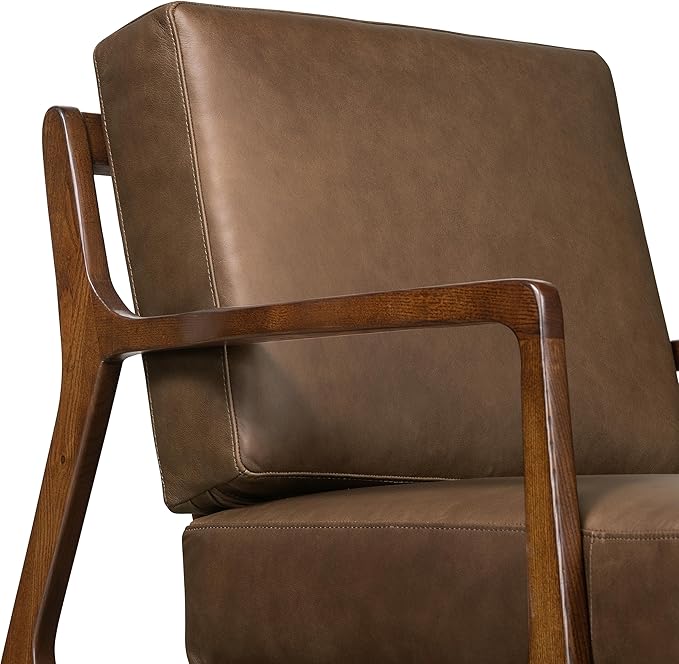 Poly & BARK Verity Leather Accent Chair – Armchair with Walnut Wood Frame – Fashion-Forward Lounge Seating for Living Room – Upholstered in Cocoa Brown Leather for Modern Style