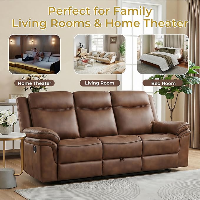 3-Seater Manual Recliner Sofa with Dual Recliners, Drop-Down Table, USB Charging Ports & Power Outlets, Faux Leather Couch for Living Room, Ergonomic Design for Full Comfort (87")