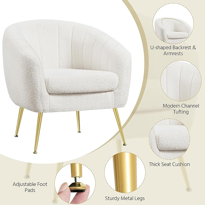 Yaheetech Accent Chair, Modern Cozy Vanity Chair with Gold Metal Legs, Boucle Fabric Armchair with Removable Seat Cushion for Living Room Bedroom Office Guest Room, Ivory, 2 pcs
