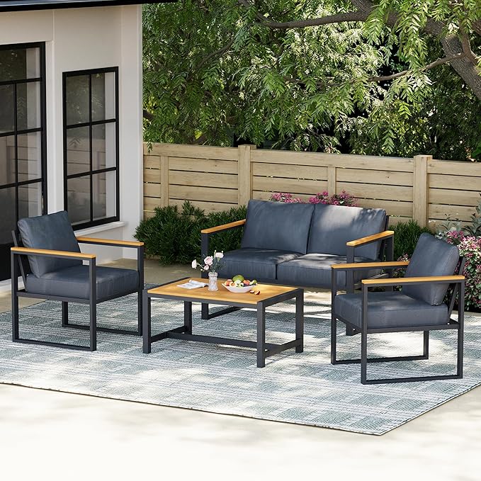4 Pieces All-Weather Patio Conversation Set, Modern Patio Furniture, Metal Balcony Furniture with Coffee Table, Thick Cushion for Outdoor Porch, Gray