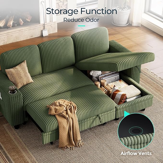 LINSY HOME Sectional Sleeper Sofa Pull Out Couches for Living Room (Green, Sleeper Sofa 1) | Pull Out Sofa Bed, Storage, USB Charging, Cup Holders, Plush Corduroy | Pull Out Sofa Bed, Storage, USB Charging, Cup Holders, Plush Corduroy, Convertible Sofa...