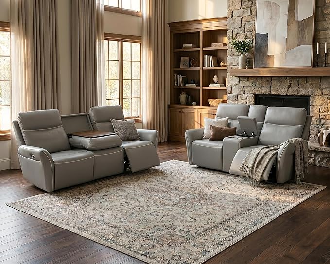2 Piece Power Recliner Sofa for Living Room, Breathing Leather Reclining Couch and Loveseat Set with LED Lighting, Cup Holders, Storage Console&USB Port for Home Theater Seating (Light Grey)