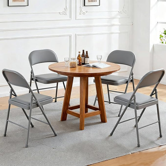 Simple Deluxe Dining Chairs Set of 4, Leather Cushion Foldable Modern Kitchen Side Chair with Padded Back& Metal Legs, Upholstered Dinner Seat Gift for Home/Living Room/Bedroom/Restaurant, Grey