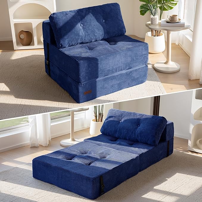 MAXYOYO Folding Sofa Bed, Convertible Chair Bed with High-Density Support Foam, Portable 4 in 1 Fold Out Seating to Floor Lounger, Versatile Floor Sofa Couch for Living Room Bedroom, Navy