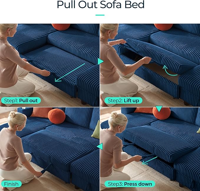 LINSY HOME Sectional Sleeper Sofa Pull Out Couches for Living Room (Blue, Sleeper Sofa 3) | Pull Out Sofa Bed, Storage, USB Charging, Cup Holders, Plush Corduroy | Pull Out Sofa Bed, Storage, USB Charging, Cup Holders, Plush Corduroy