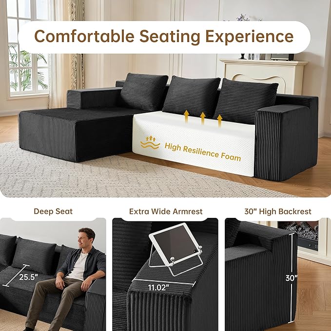 Nigoone 103" Boneless Corduroy Sectional Couch with Left Chaise, Modular L Shaped Couches for Living Room, Large Minimalist Modern Deep Seat Floor Sofa Set, No Assembly