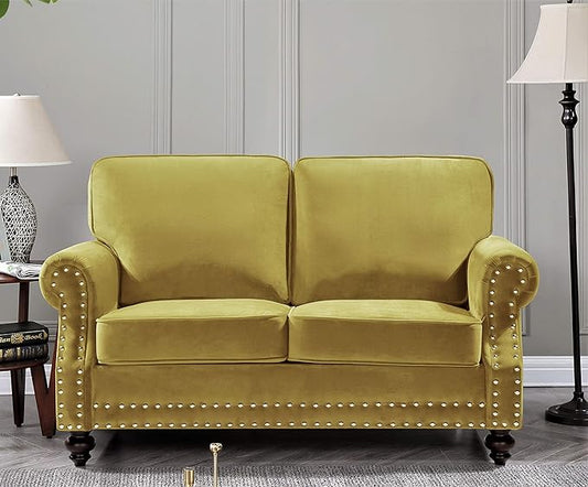 Container Furniture Direct Lotus Mid Century Modern Velvet Upholstered Living Room Rolled Arms, Loveseat, Strong Yellow