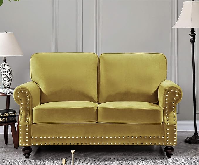 Container Furniture Direct Lotus Mid Century Modern Velvet Upholstered Living Room Rolled Arms, Chair, Loveseat and Sofa, Strong Yellow