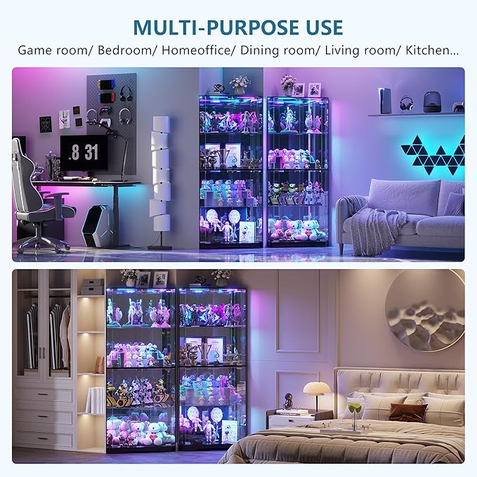 Corner Display Cabinet with Glass Doors, 64.7" Tall Curio Cabinet with RGB Lights for Collectibles, 4-Tier Showcase Display Case with Human Sensor for Toys, Books, Black
