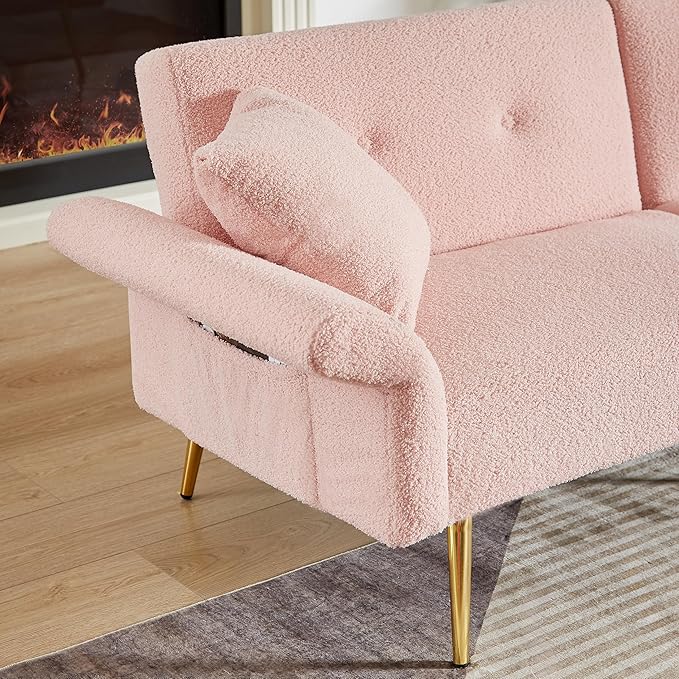 Eafurn Teddy Futon Sofa Bed Modern Folding Futon Set Convertible Recliner Lounge Sleeper Couch with Adjustable Armrest and Backrest for Living Room Apartment | Golden Legs, Wood Frame, Side Pockets