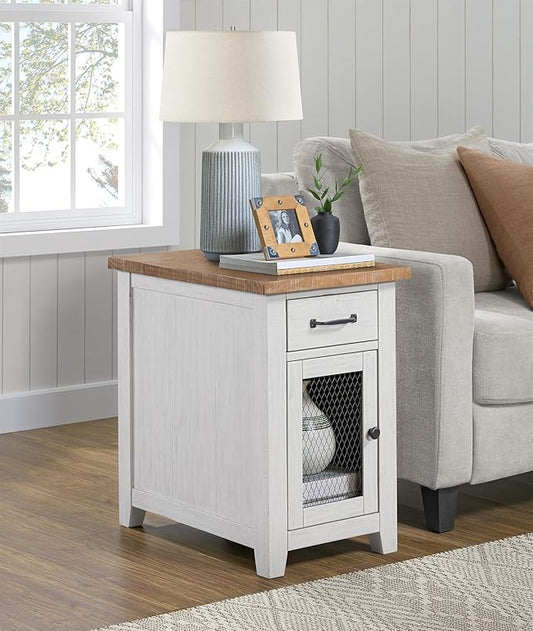 Martin Svensson Home Solid Wood White and Driftwood Rustic Chairside End Table with Power and Storage