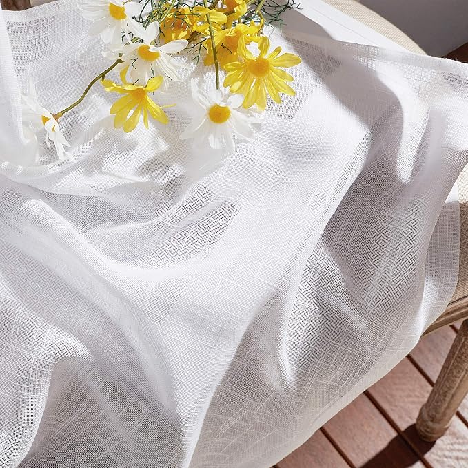 NICETOWN Semi Sheer Curtains Extra Long and Wide W70 x L108 for Living Room Windows, Grommet Faux Linen Sheer Textured Vertical Window Drapes for Sliding Glass Door/Villa, White, Set of 2