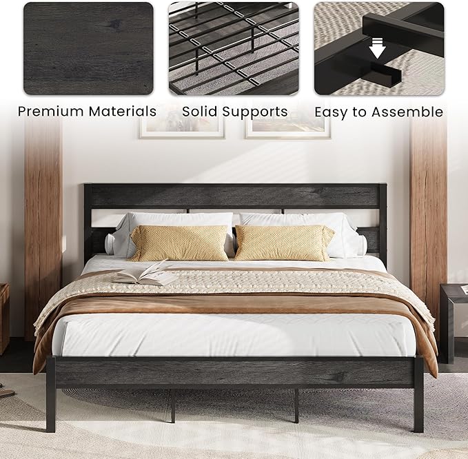LIKIMIO California King Bed Frame with Headboard, Easy Assembly, Noise-Free, No Box Spring Needed, Heavy Strong Metal Support Frames, Charcoal Grey