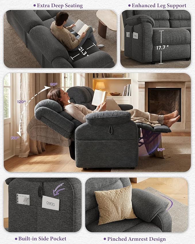 TYBOATLE Power Reclining Sofa, 3 Seater Electric Reclining Sofa with Dual Motors and Remote Control, Chenille Couch w/Side Pockets for Living Room, Game Room, 76.5" Wide (Grey)