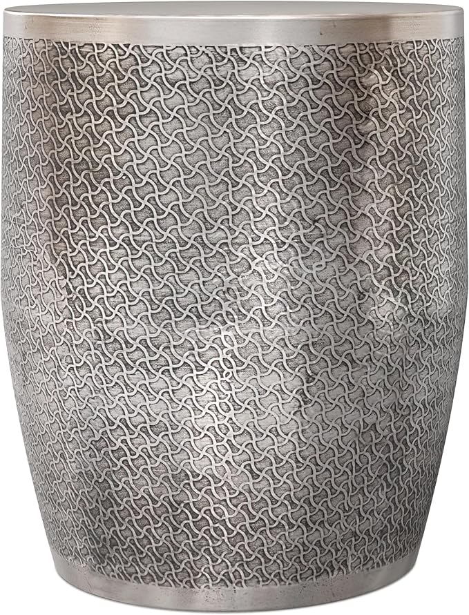 SIMPLIHOME Johnsen Metal Table - 18 inch Wide Solid Iron Round Accent Table in Antique Silver, Boho Side or End Table for Living Room, Bedroom or Family Room with Etched Web Pattern, Assembled