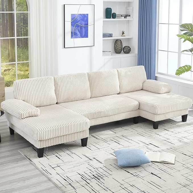 Eafurn Symmetrical U Shaped Sectional Sofa with Double Chaise Lounge,Modern Corduroy Upholstered Oversized Corner Couch, Deep Seat Comfy 4-Seater Sofa w/Pillow-top Armrest for Living Room