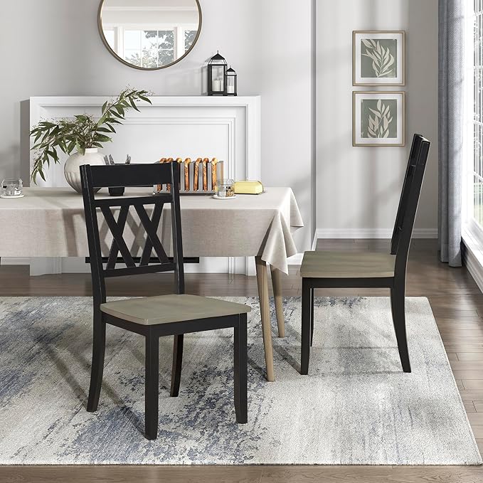 Lexicon Farmhouse Wood Dining Chair, Set of 2, Double Cross Back, Rustic Armless Chairs, Kitchen and Dining Room Furniture, Two-Tone Finish (Greywash and Antique Black)