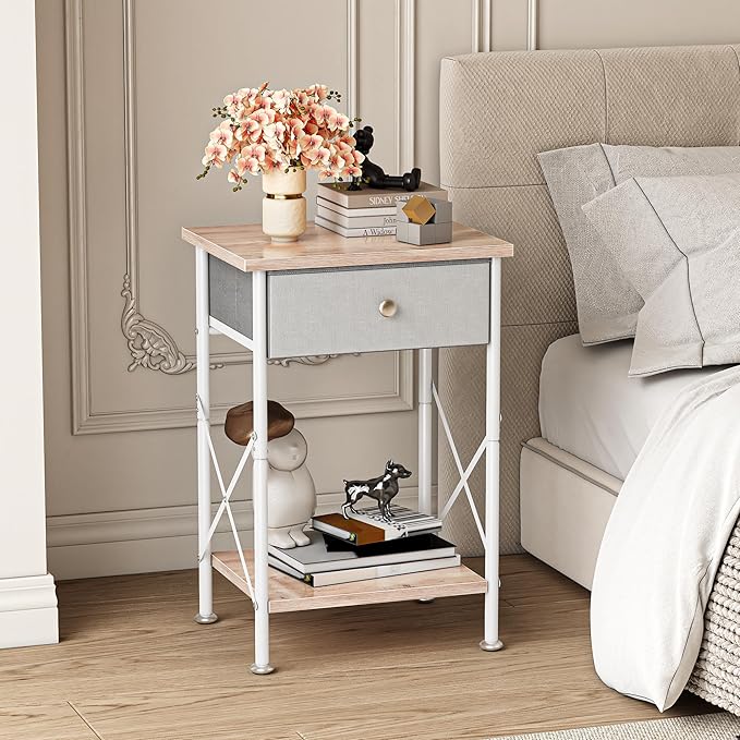 VECELO End Tables, Modern Nightstands with Fabric Drawer & Open Shelf, Side Table for Bedroom Living Room, Industrial Metal Frame, Easy Assembly, Grey,2 Pack