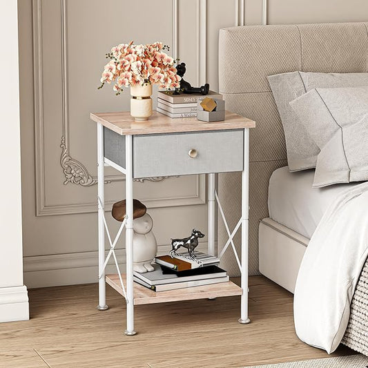 VECELO End Tables, Modern Nightstands with Fabric Drawer & Open Shelf, Side Table for Bedroom Living Room, Industrial Metal Frame, Easy Assembly, Grey,2 Pack