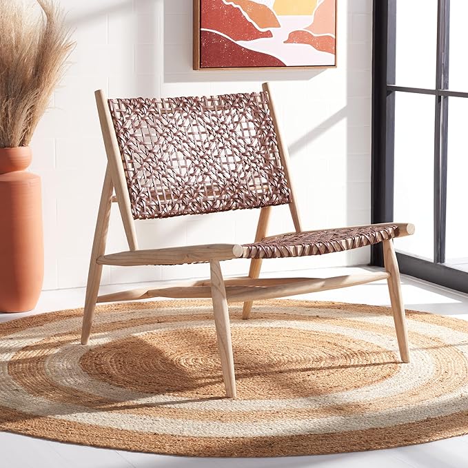 SAFAVIEH Home Collection Bandelier Natural Sungkai Solid Wood/Cognac Brown Leather Weave Accent Chair (Fully Assembled)