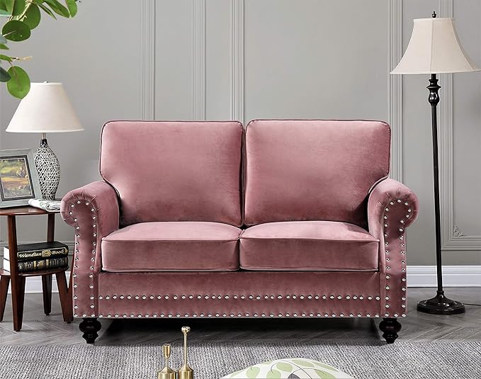 Container Furniture Direct Lotus Mid Century Modern Velvet Upholstered Living Room Rolled Arms, Sofa and Loveseat, Rose
