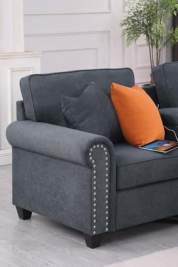 YOPTO 127" Modular Sectional Sofa with Movable Ottoman&Nailhead Trim Armrest,L-Shape Convertible Couch W/Cup Holder,USB Port&Hidden Storage Box,7 Seat Chenille Sectionals,6 Pillow,for Living Room,Gray