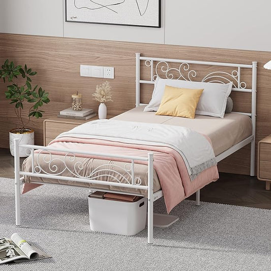 Weehom Twin Size Bed Frame with Headboard No Box Spring Needed Platform Single Bed for Kids, White