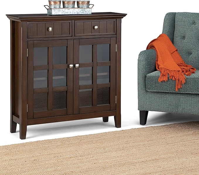 SIMPLIHOME Acadian Storage Cabinet - 36 inch Wide Solid Wood Entryway Storage Cabinet in Natural Aged Brown, Transitional Cabinet for Hallway or Living Room with 2 Drawers and Adjustable Shelves