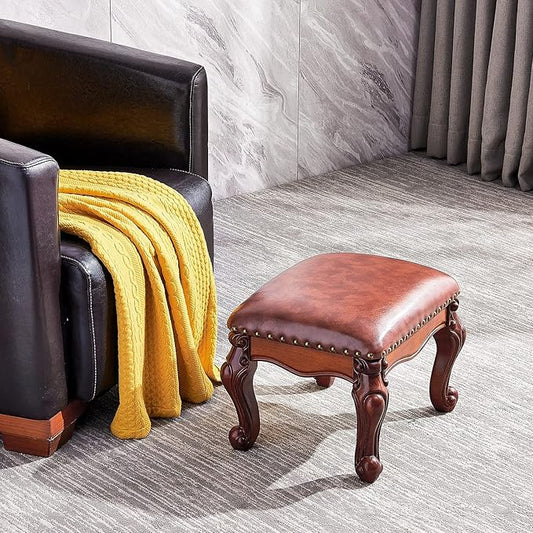 LKZ Foot Stool Microfiber Leather Ottoman Wooden Shoe Stool Small Sofa Stool Footrest Stool for Living Room Bedroom (Red-Brown)