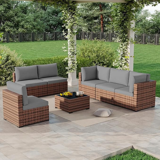 LHBcraft 7 Pieces Outdoor Wicker Rattan Patio Furniture, Wicker Rattan Outdoor Sectional Sofa Set with Coffee Table & Gery Cushions for Garden, Poolside