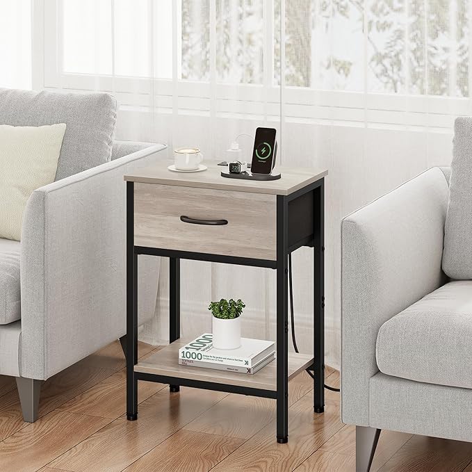 Vagusicc Nightstand Set of 2 with Charging Station, Bed Side Table with Fabric Drawer, Small End Table with 2-Tier Storage Shelves, 25.4" Tall Night Stand Bedside Table for Bedroom Living Room, Greige
